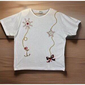 Vintage Oleg Cassini‎ XL Top Embellished T-Shirt Red Gold Seed Beads Sequins Bow